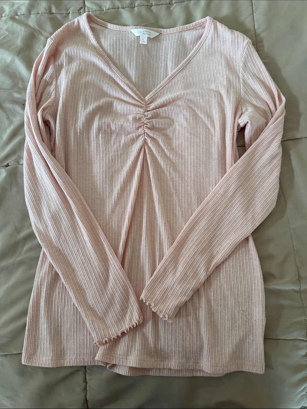 LC Lauren Conrad Pale Pink Ruched V-Neck Long Sleeve Top